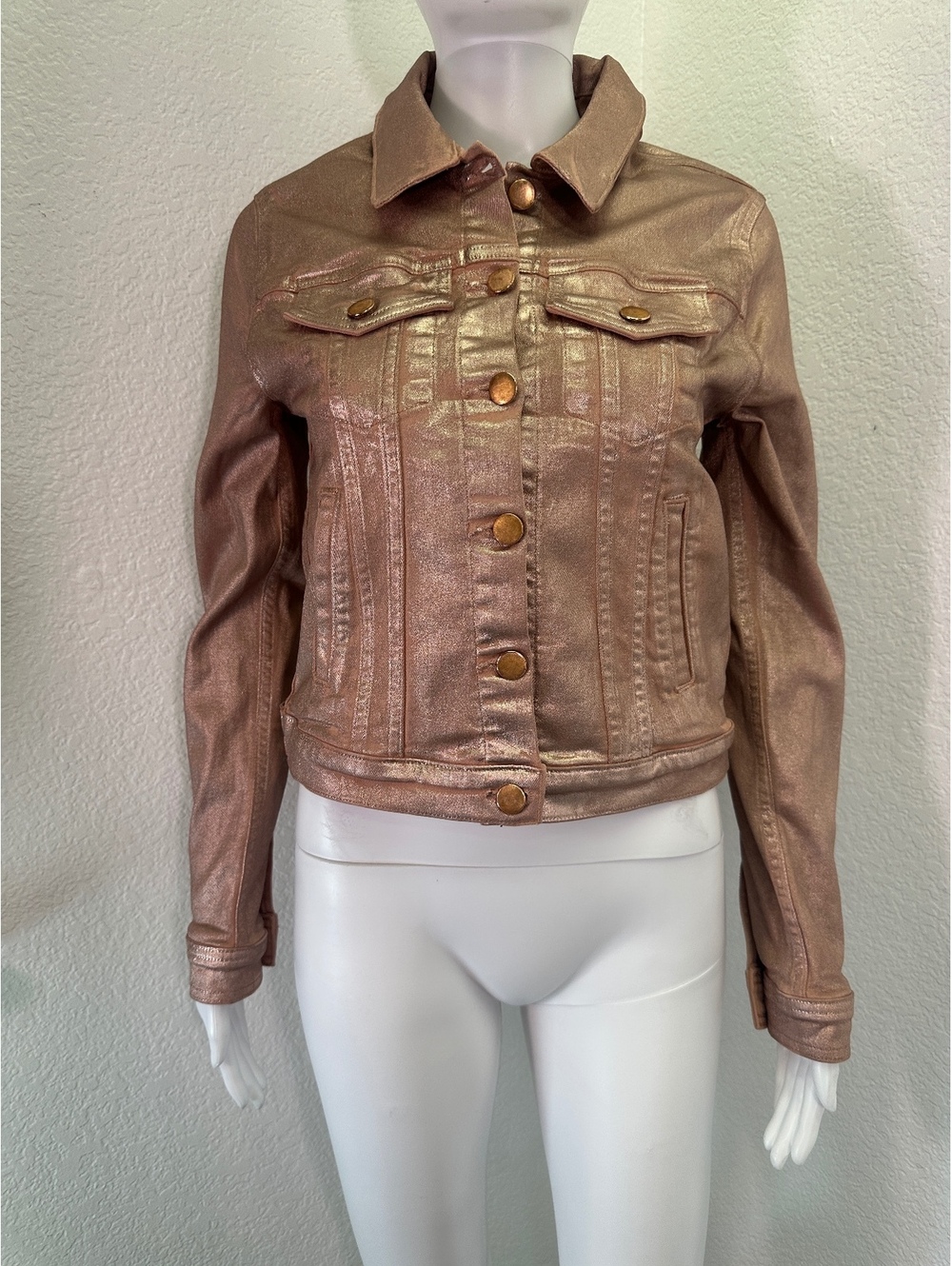 New Women’s Sz S Ramy Brook Metallic Rose Gold Denim Jacket Barbie Shimmery